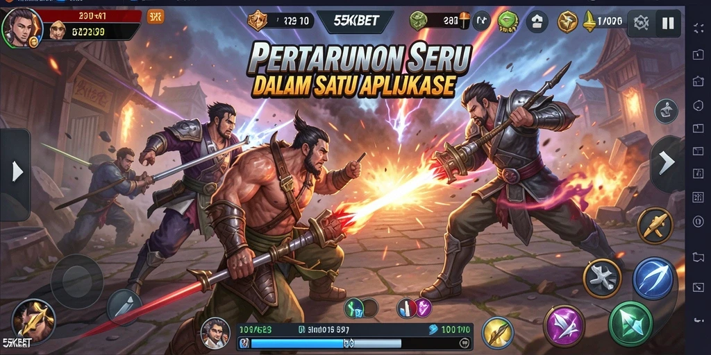 Screenshot gameplay 55KBET yang menunjukkan pertarungan intens.