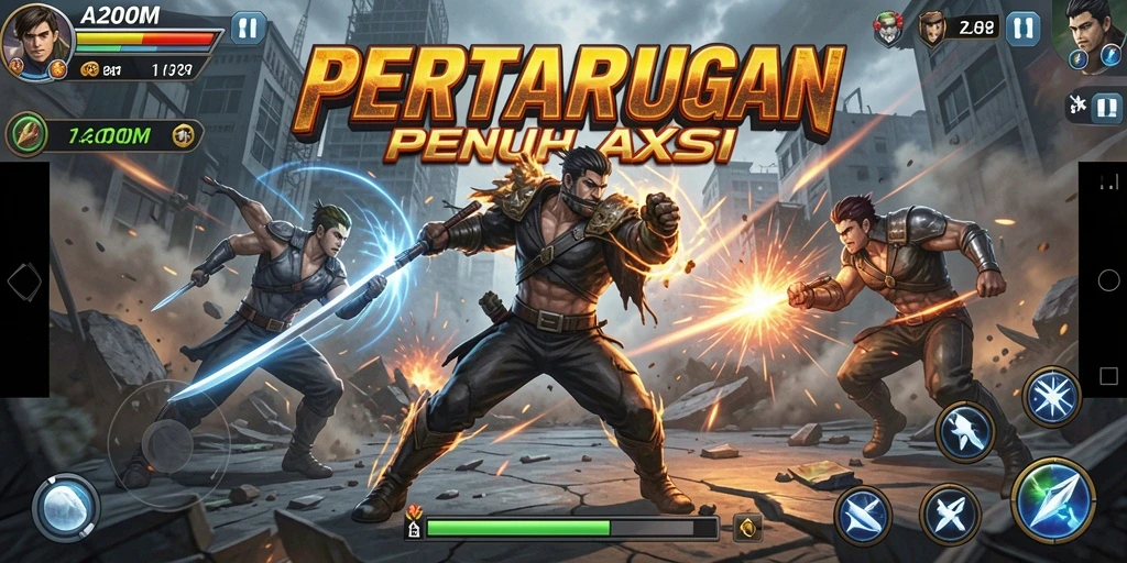 Tampilan gameplay A200M yang menegangkan dan penuh aksi di arena pertarungan.
