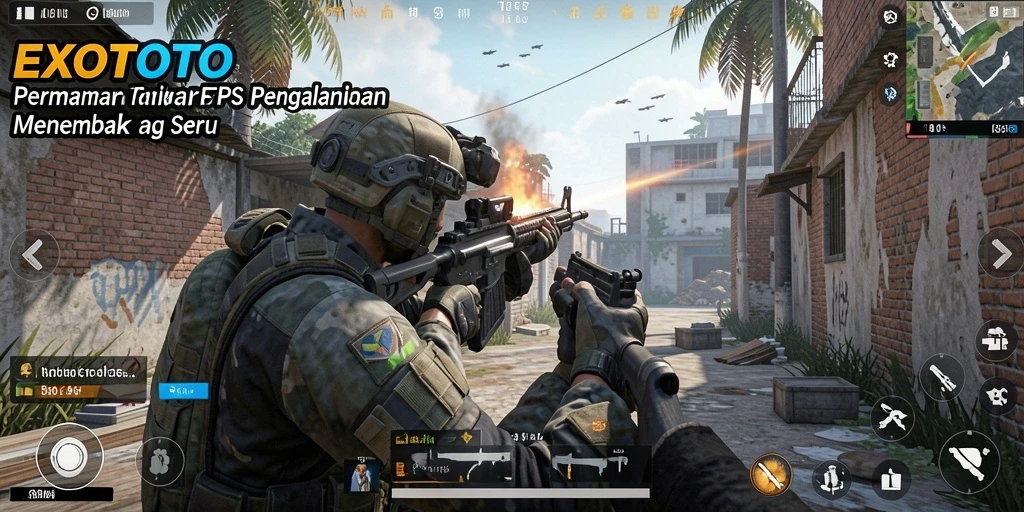 Tangkapan layar gameplay EXOTOTO yang mendebarkan dalam pertempuran FPS.