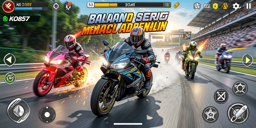 Screenshot gameplay KO857 menampilkan aksi balap motor yang mendebarkan.