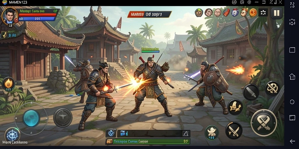 Screenshot MAMEN123 menampilkan aksi pertempuran strategis yang intens.