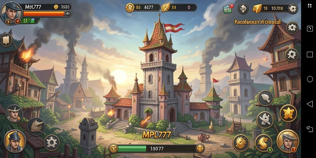 Screenshot MPL777 menunjukkan strategi menara yang intens dan serangan musuh yang dramatis.