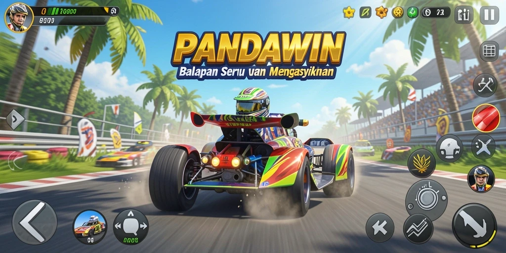 Tangkapan layar menampilkan aksi balapan dalam PANDAWIN yang mendebarkan.