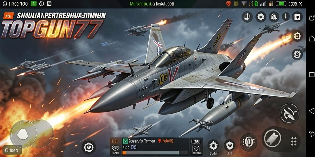 Screenshot dari gameplay TOPGUN77 menunjukkan pertempuran pesawat yang mendebarkan.